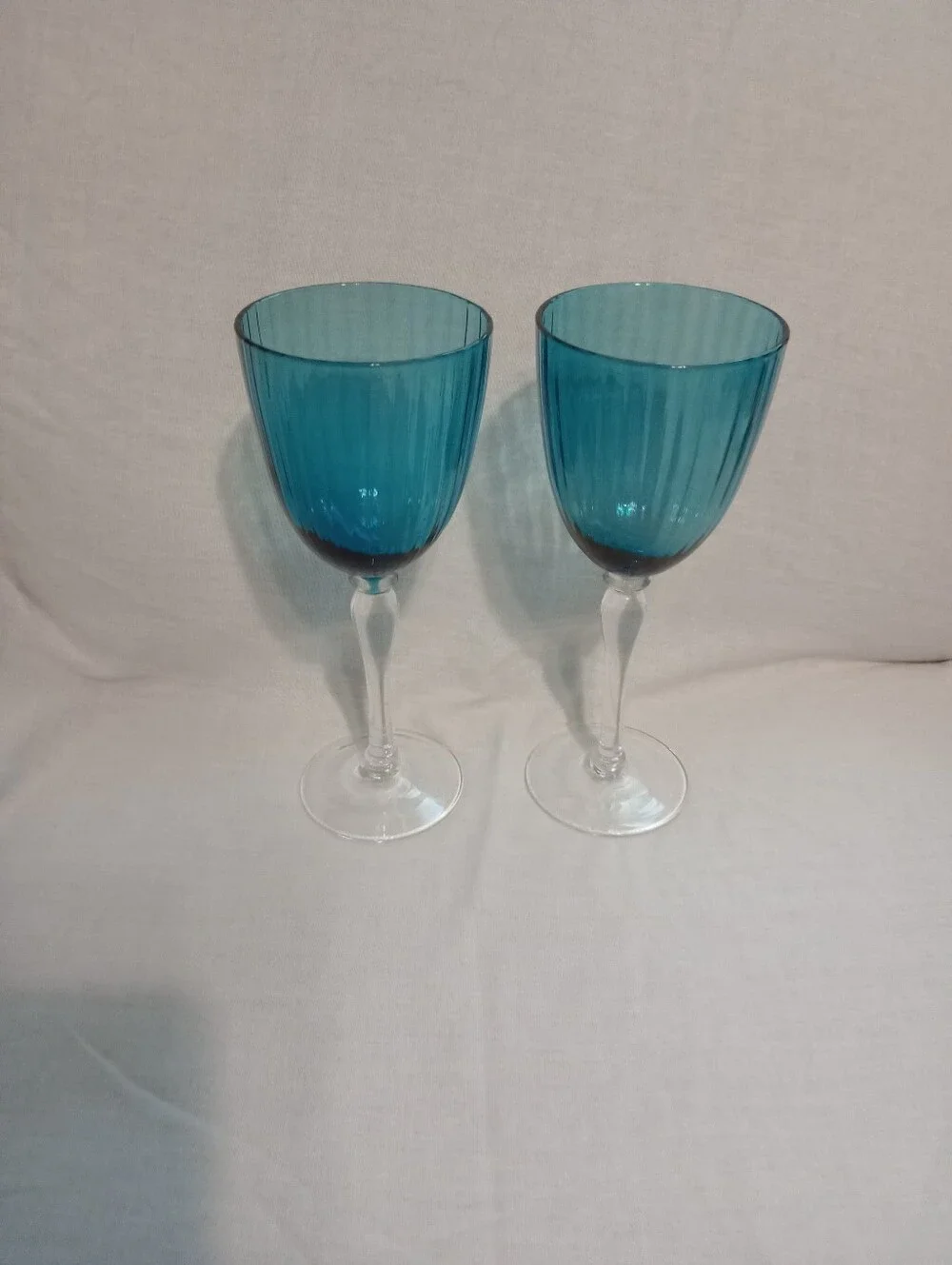 Vintage Empoli Style Blue Ribbed Glass Wine/Water Goblets - Set Of 2